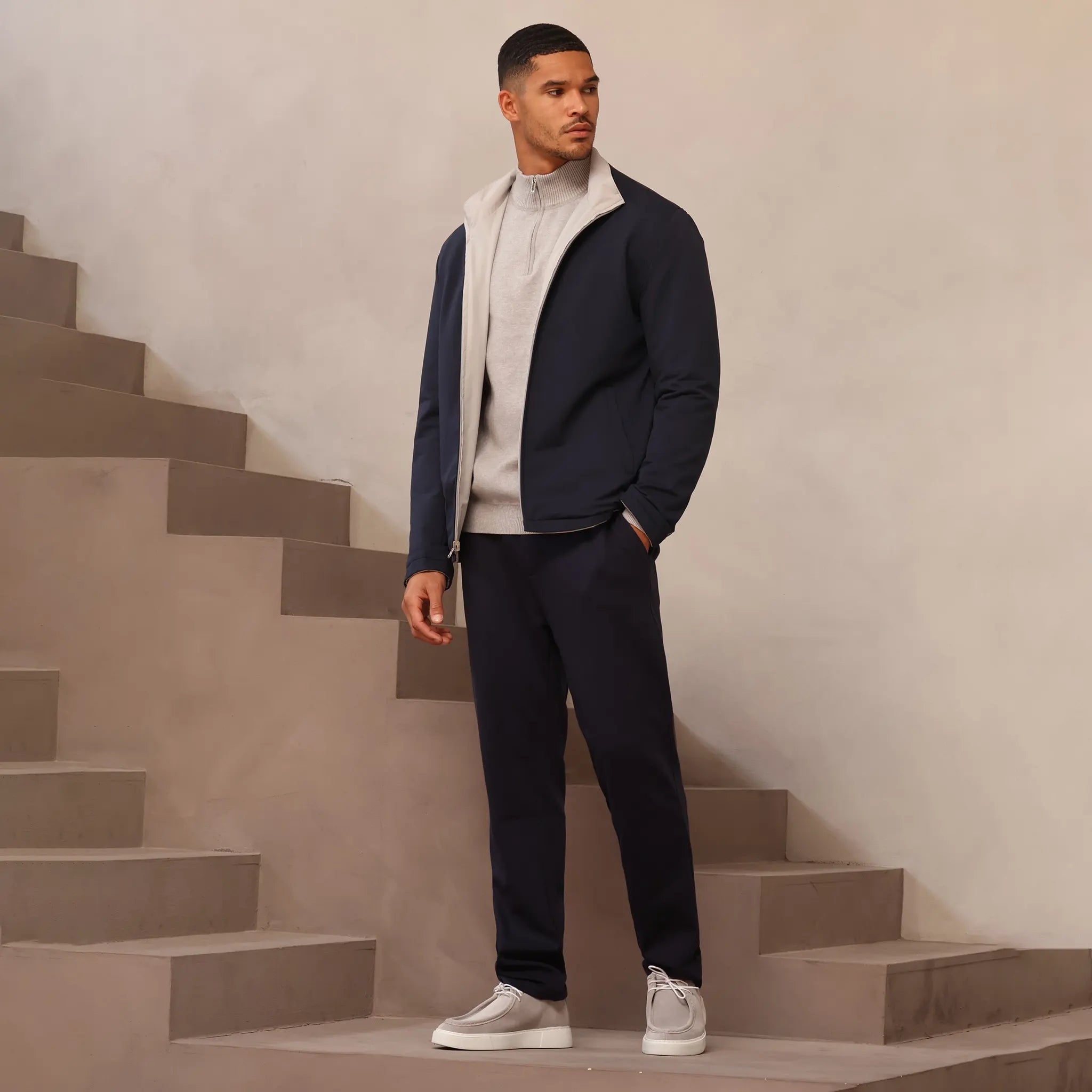 Front Side View of Be gentle reversible Navy Grey Bomber Jacket